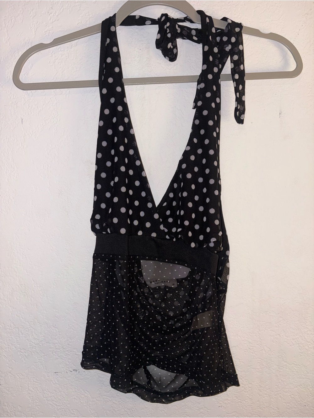 Halter Polka Dot Mesh Tank Top - Black